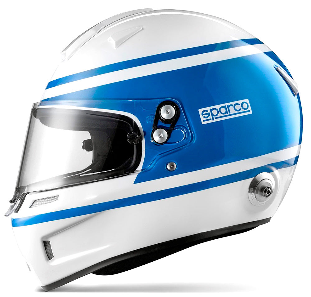 Excellent air flow and quiet interior are the Sparco RF-5W in white with blue stripes.