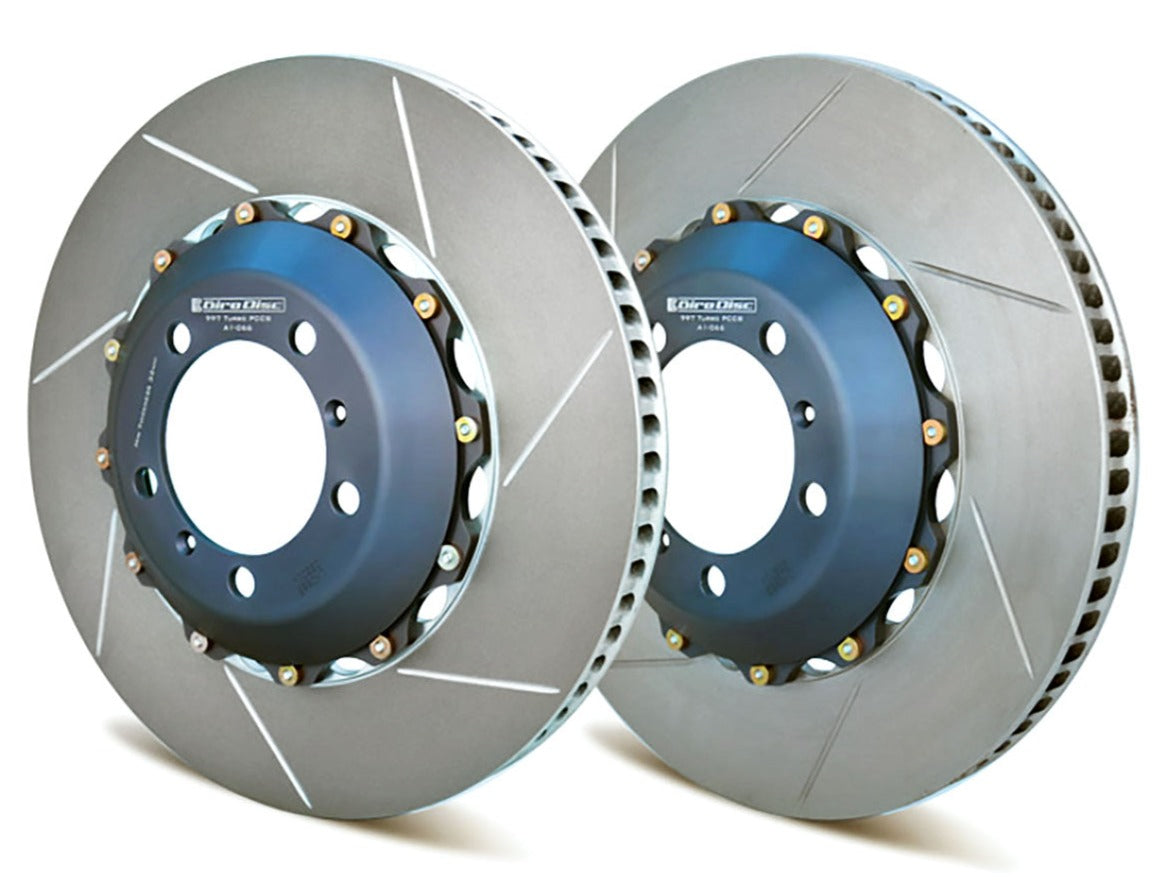 Girodisc A1-066 racing brake rotors are serious two-piece floating rotors for the Porsche 981 Cayman GT4 track days and HPDE.